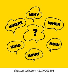 Pregunta quién, qué, cómo, por qué, para qué y dónde. Burbuja del discurso con pregunta. Ilustración del vector Doodle sobre fondo amarillo. Ilustración vectorial. Concepto de personas con inclusión de la comunicación.