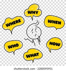 Question Who, What, How, Why, For What And Where. Speech Bubble With Ask Question And Doodle Stick Man. Vector Illustration On Transparent Background. Vector Illustration.