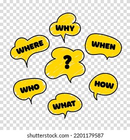 Question Who, What, How, Why, For What And Where. Speech Bubble With Ask. Doodle Vector Illustration On Transparent Background. Vector Illustration.