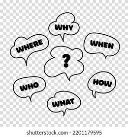 Question Who, What, How, Why, For What And Where. Speech Bubble With Ask. Doodle Vector Illustration On Transparent Background. Vector Illustration.