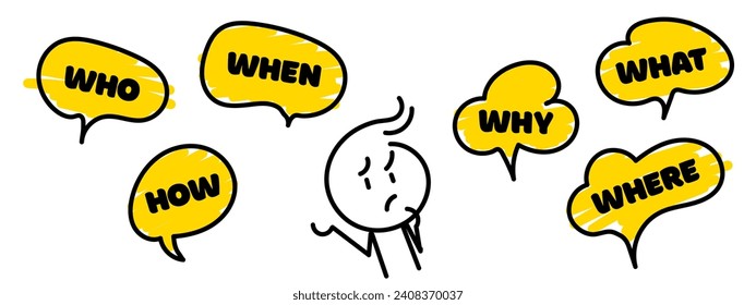 Question who, what, how, why, for what and where. Speech bubble with ask question and doodle stick man. Vector illustration. Speak english.