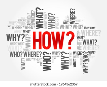 HOW? Question word and questions whose answers are considered basic in information gathering or problem solving, word cloud background