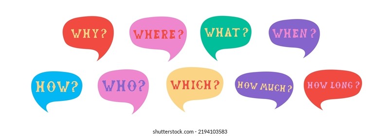 Question words lettering what, where, when, how, why, how many, who which. Comics speech bubble set with words made of letters in mexican style. Label, text, quote, question. Flat vector illustration 