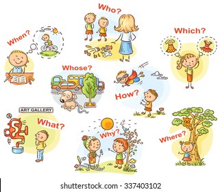 Question words in pictures, colorful cartoons set