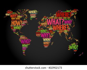 Question Words World Map in Typography, words cloud business concept background