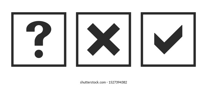 Question, X cross and tick check marks, approval signs design. Yes X and OK symbol icons in square check boxes. Check list marks, choice options, test, quiz or survey signs.