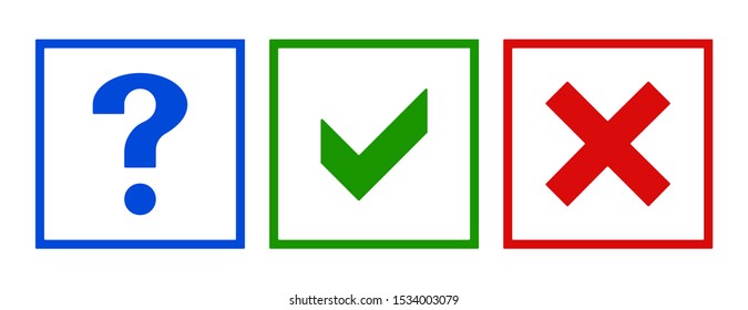 Question, X cross and tick check marks, approval signs design. Yes X and OK symbol icons in square check boxes. Check list marks, choice options, test, quiz or survey signs.