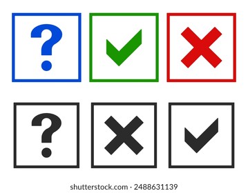 Question, X cross and tick check marks, approval signs design. Yes X and OK symbol icons in square check boxes. Check list marks, choice options, test, quiz or survey signs.