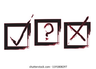 Question, X and tick check marks, red and black approval signs design. X and OK symbol icons in square check boxes. Check list marks, choice options, test, quiz signs. Approval icons brush grunge set