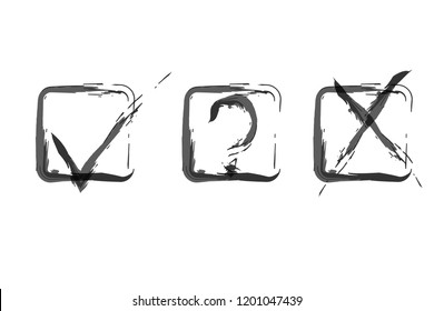 Question, X and tick check marks, approval signs design. Watercolor black X, OK symbol icons in square check boxes. Check list marks, choice options, test, quiz or survey signs. Brush test marks