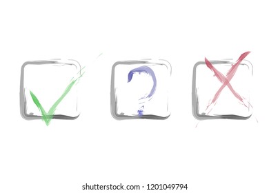 Question, X and tick check marks, approval signs design. Watercolor black X, OK symbol icons in square check boxes. Check list marks, choice options, test, quiz or survey signs. Brush test marks