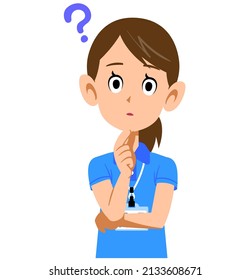 A questionable expression of a female staff member wearing a short-sleeved polo shirt and a name tag