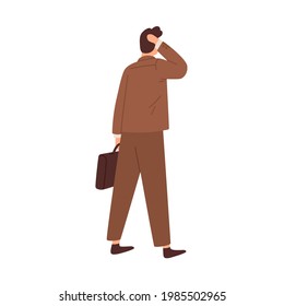 Questioned confused man hesitating, standing in doubt before difficult business decision. Puzzled pensive businessman. Colored flat vector illustration of concerned person isolated on white background