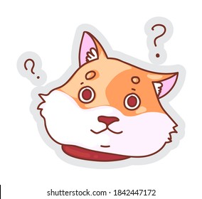 Questioned dog emotion. Confused dog puppy muzzle snout emoticon sticker isolated on white background. Vector confusion, difficult question pondering illustration