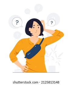 Questioned, thinking, and confused with question mark looking up with thoughtful focused expression concept illustration