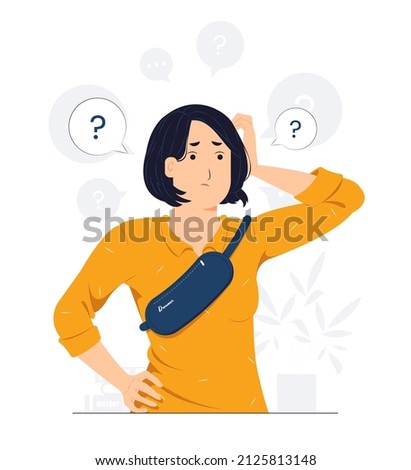 Questioned, thinking, and confused with question mark looking up with thoughtful focused expression concept illustration