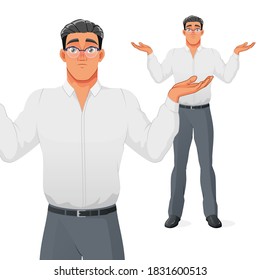 Questioning businessman shrugging shoulders. I don't know expression. Vector cartoon character isolated on white background EPS10.