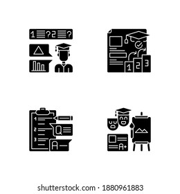 Questioning checklist black glyph icons set on white space. Succesful examination. Academic degree. Education in university. Graduate level. Silhouette symbols. Vector isolated illustration
