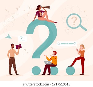 Questioning and contemplating abstract concept with giant question mark and brooding tiny people. Flat cartoon vector illustration with isolated fictional characters