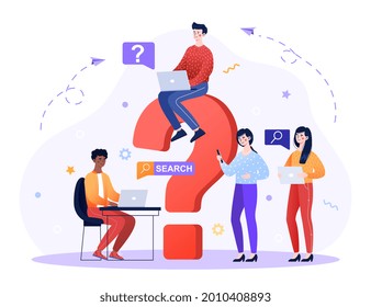 Questioning contemplating concept. Men and women asking questions, discussing, searching for answers. Character are sitting at laptops next to a large question mark. Cartoon flat vector illustration