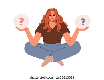 Questioning and decision-making concept. Woman holding two options to compare. Dilemma, choice, inner reflection, uncertainty and comparison. Flat vector illustration isolated on white background