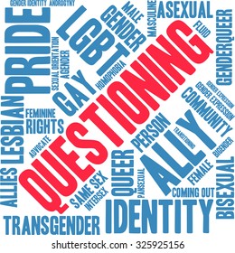 Questioning LGBT word cloud on a white background. 