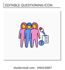 Icono de línea de preguntas. Diagnóstico de identidad. Inseguros hombres y mujeres, aún explorando y preocupados por aplicar etiquetas sociales a sí mismos. Concepto de comunidad LGBTQ. Ilustración vectorial aislada