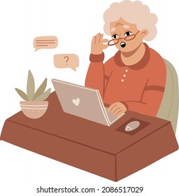 Questioning old woman with laptop computer in cosy room. Online chat, courses, education, technologies and seniors, elderly woman concept. Grandmother communicates, Vector illustration in flat style