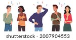 Questioning people men, women in doubt thinking with question marks over scratching head. Confused thoughtful persons, touching chin, pondering. Confusion, contemplation set flat vector illustration