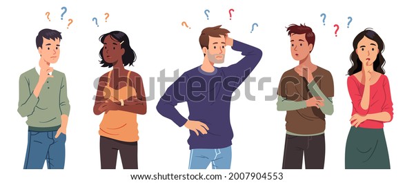 Questioning people men, women in doubt\
thinking with question marks over scratching head. Confused\
thoughtful persons, touching chin, pondering. Confusion,\
contemplation set flat vector\
illustration