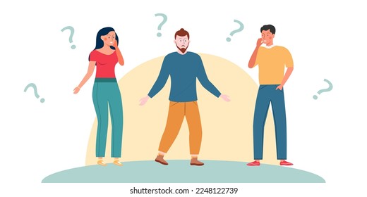 Questioning people. Men and women. Young people wondering. Flat vector illustration.