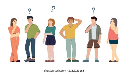 questioning people. standing persons thinking and have a symbols question marks under heads mind problems. Vector question