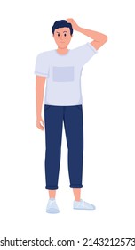 Cuestionando el carácter vector de color semiplano. Figura permanente. Persona de cuerpo entero sobre blanco. Ilustración de estilo de dibujos animados simples y pensivos para diseño gráfico web y animación