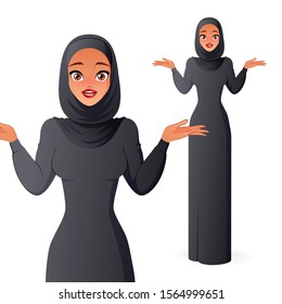 Questioning young beautiful Muslim woman in hijab shrugging shoulders. Vector illustration isolated on white background.