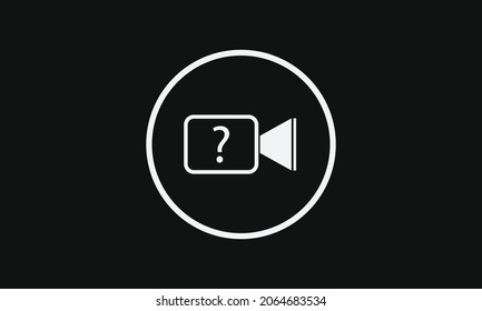 Questionmark video sign in flat style. Editable vector outline. Single pictogram. Video help symbol. Linear icon camera with questionhmark in thin line isolated on black background.