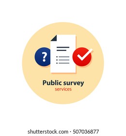 Questionnair, survey concept, consulting services, tutoring and guidance icons. Flat design vector illustration. Round icons, poll concept