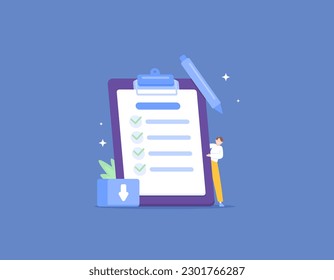 Questionnaire or checklist. Fill out a survey by giving a green check mark. answer a list of questions on the form paper. gather and gain information from respondents. illustration concept design