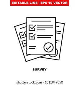 Questionnaire Checklist Form. Editable Line Vector Icon Illustration Designed As A Sign Of Brief Survey/paper Exam With Check List. Report Document With Tick Pensil Checkmark. Business Plan Summary V1