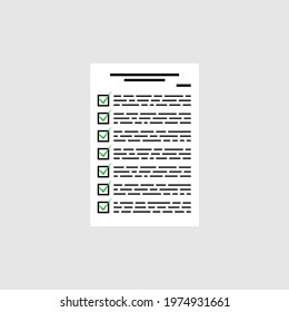 Questionnaire checklist form with text and green answer marks. Vector checkmark exam test illustration
