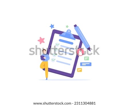 Questionnaire or checklist. A respondent leans back and fills out a survey on the clipboard. Put a check mark on the form paper. answer questions. gather and gain information from respondents