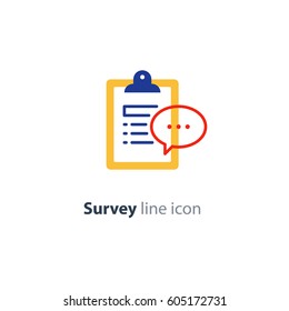 Questionnaire clip board and speech bubble line icon, quiz concept logo, consulting services, summary note pad, opinion poll vector