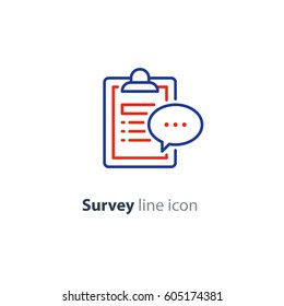 Questionnaire Clip Board And Speech Bubble Line Icon, Quiz Concept Logo, Consulting Services, Summary Note Pad, Opinion Poll Vector