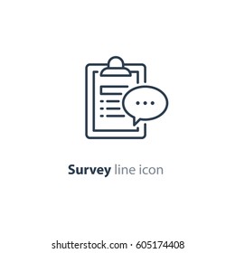 Questionnaire Clip Board And Speech Bubble Line Icon, Quiz Concept Logo, Consulting Services, Summary Note Pad, Opinion Poll Vector