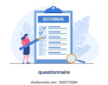 questionnaire concept, girl with pencil fill questionnaire form, survey, checklist, poll, flat illustration vector template