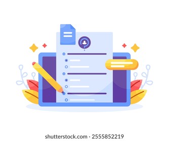 questionnaire concept. question and answer. Illustration of a tablet device with a survey form with a pencil. Filling or answering a survey or questionnaire. Symbols and icons. Flat style design