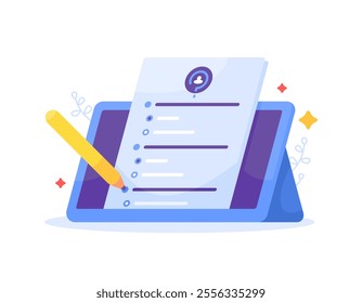 questionnaire concept. question and answer. Illustration of a tablet device with a survey form with a pencil. Filling or answering a survey or questionnaire. Symbols and icons. Flat style design