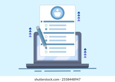 questionnaire concept. questions and answers. device with survey form using pencil. Filling or answering survey or questionnaire. flat vector illustration on background.