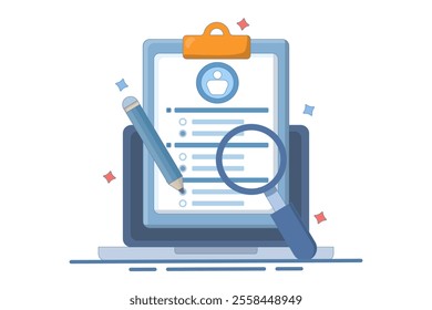 questionnaire concept. questions and answers. device with survey form using pencil. Filling or answering survey or questionnaire. flat vector illustration on background.