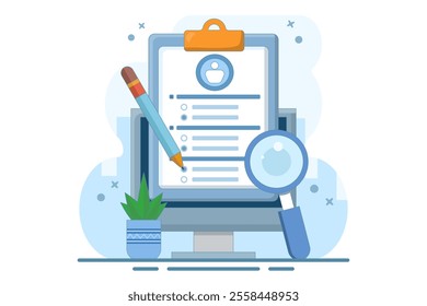 questionnaire concept. questions and answers. device with survey form using pencil. Filling or answering survey or questionnaire. flat vector illustration on background.