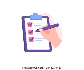 questionnaire concept. survey, collecting information from respondents. provide responses and choose answers. illustration of a hand using a pencil to tick on a form paper on a clipboard. concept